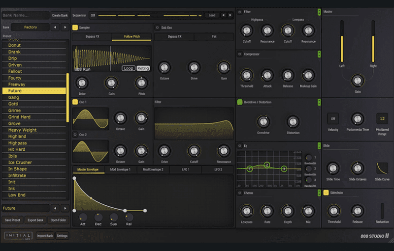 A black and yellow interface with a variety of controls in the 808 Studio 2.