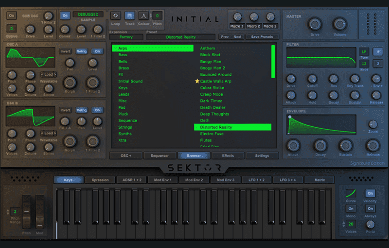 The interface of Sektor, a hybrid wavetable synth for electronic music.