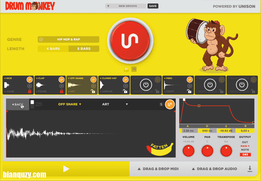 A screen shot of a monkey playing music on a yellow background.