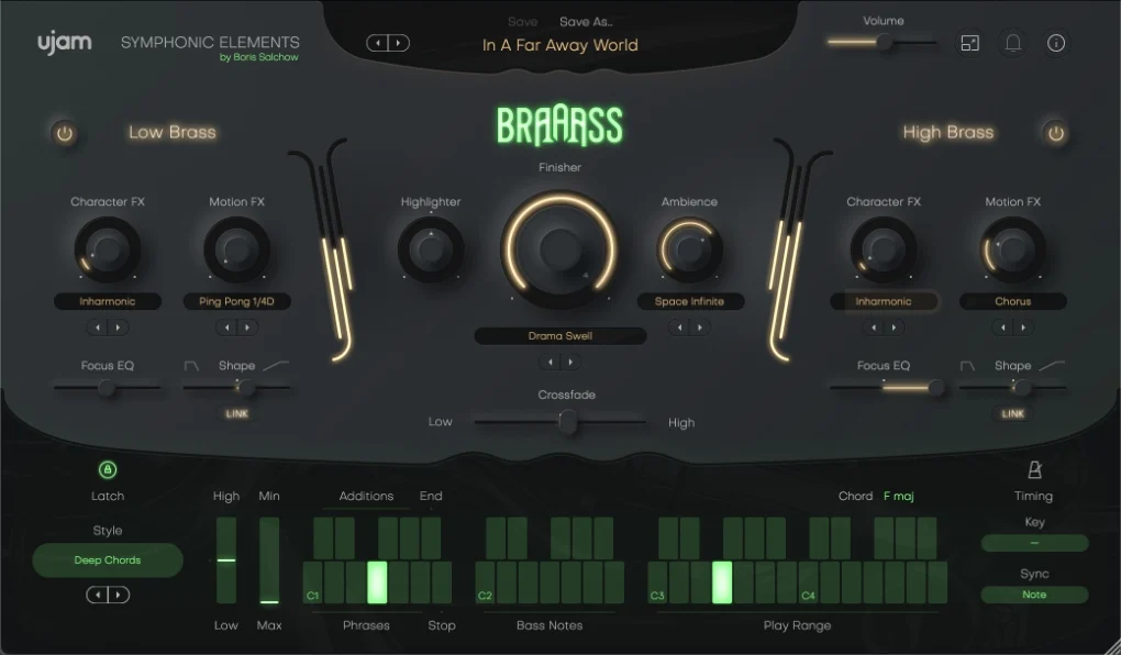 A synthesizer interface with a green screen displaying BRAAASS sounds.