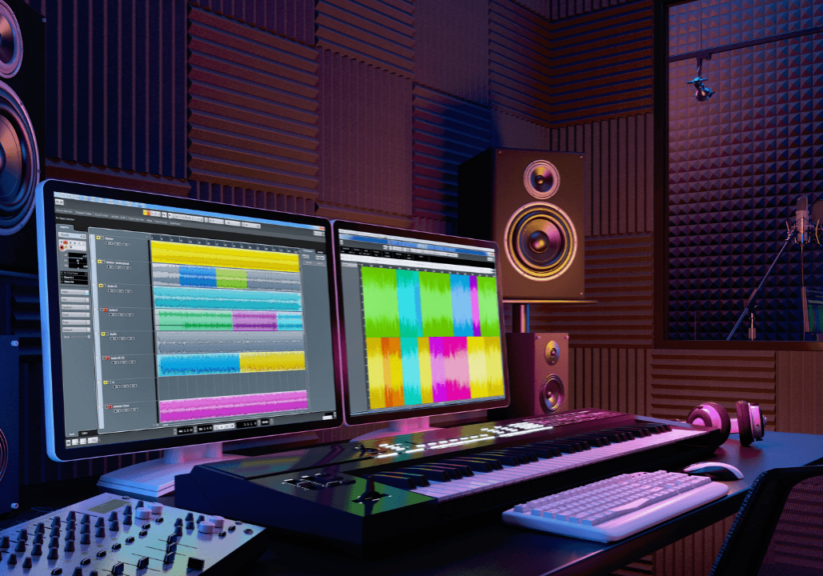 A professional recording studio with two monitors for sound production.
